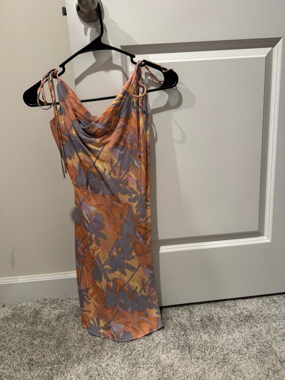 Orange & Lavender Cowl Neck Tie-Shoulder Slip Dress